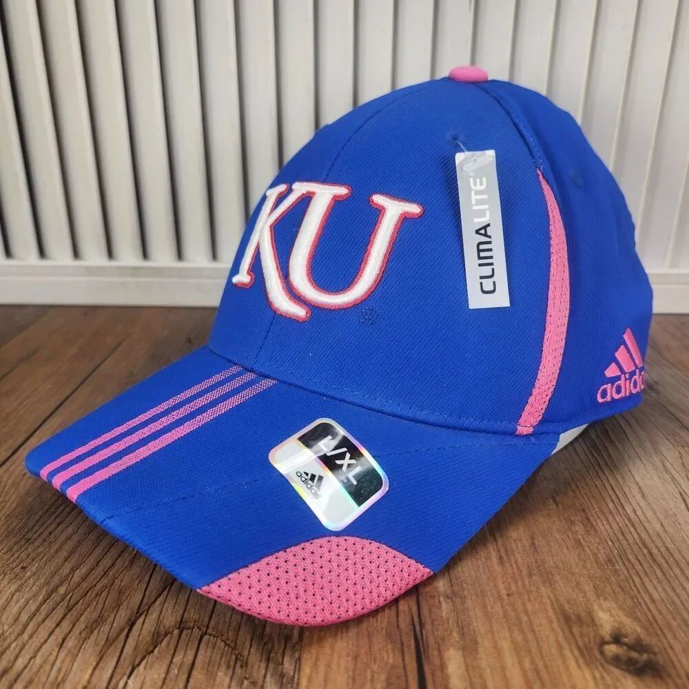 Adidas KU Kansas NCAA ClimaLite Fitted Sz L/XL Hat Cap Blue Pink BCA NCAA Womens